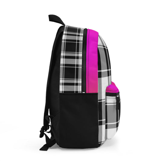 Side view of LuckeLadybug pink and black plaid backpack with front pocket and adjustable straps
