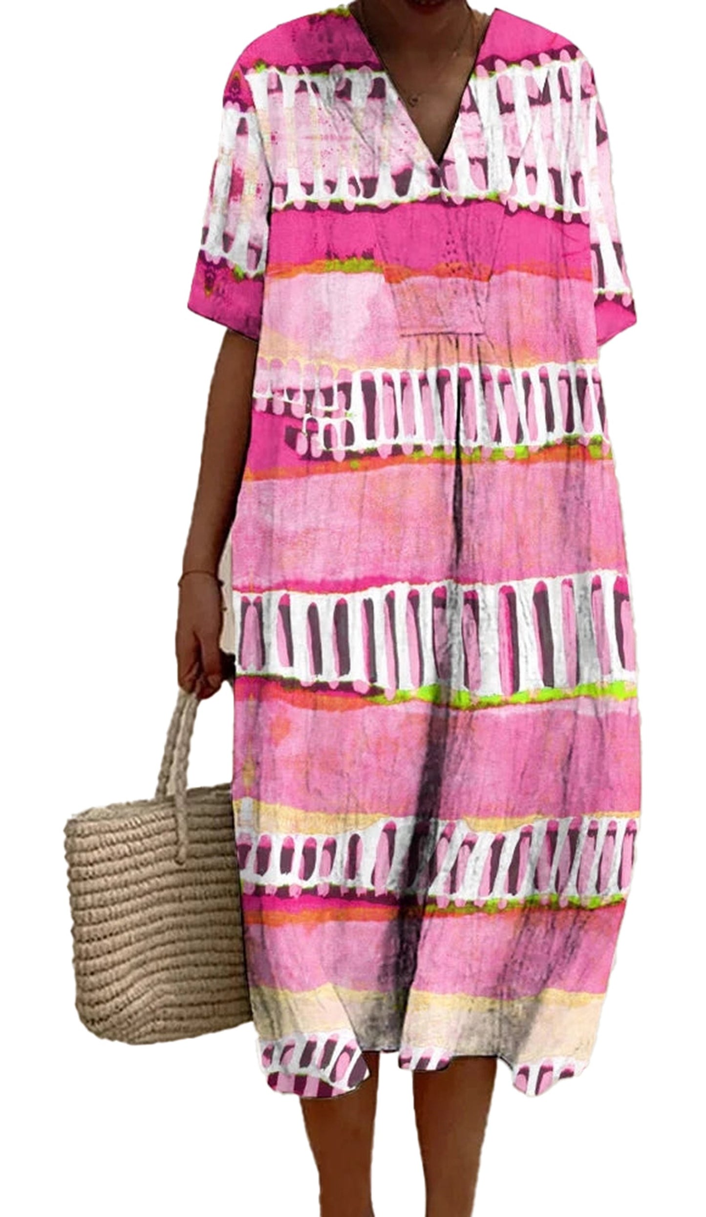 Pink beach dress for women from LuckeLadybug LLC with a vibrant striped design and lightweight fabric