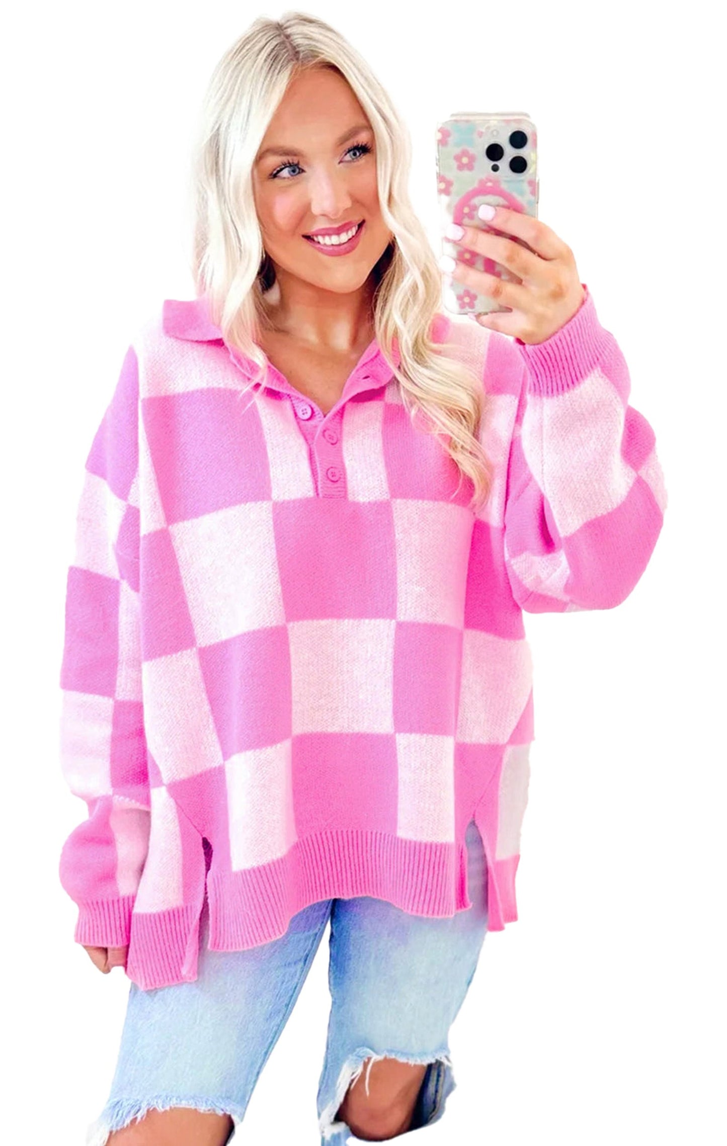 LuckeLadybug pink checkerboard sweater in oversized fit, featuring a collar and side slits.
