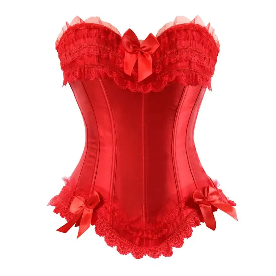 Luxurious pink lace overbust corset for women with frills and bows for chic style