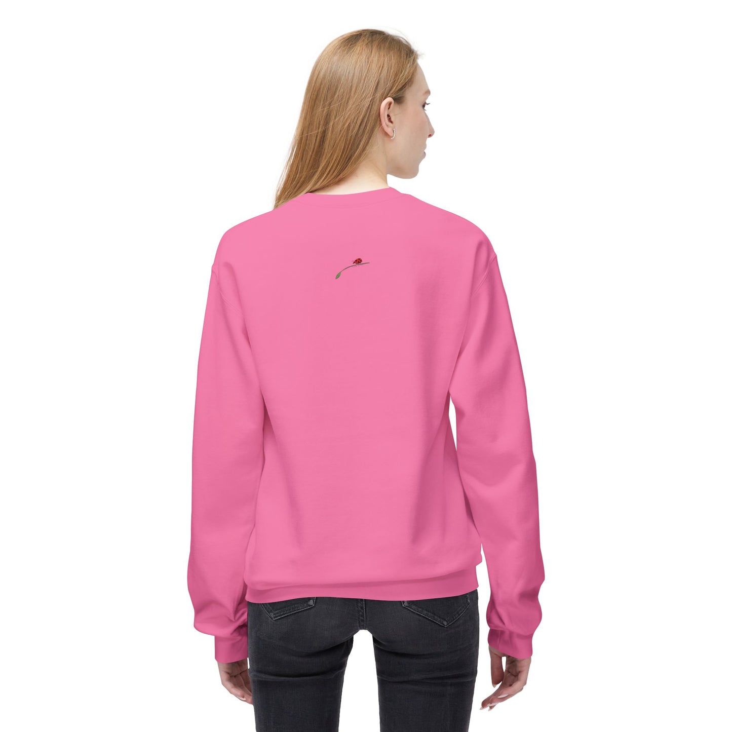 LuckeLadybug pink Yorkie dog lover sweatshirt worn by woman showing back design