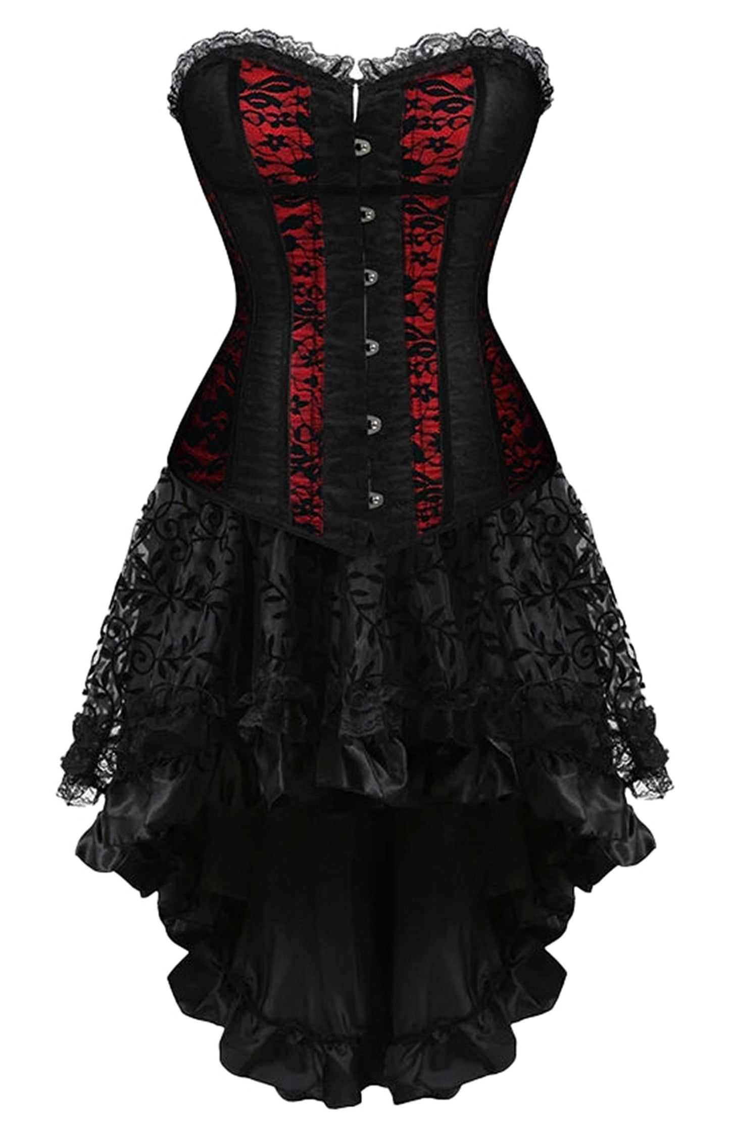 Elegant black and red plus size corset dress for women with lace accents and ruffled hemline