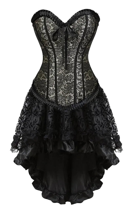 Elegant black plus size corset dress set with lace detailing and ruffled hem for special occasions