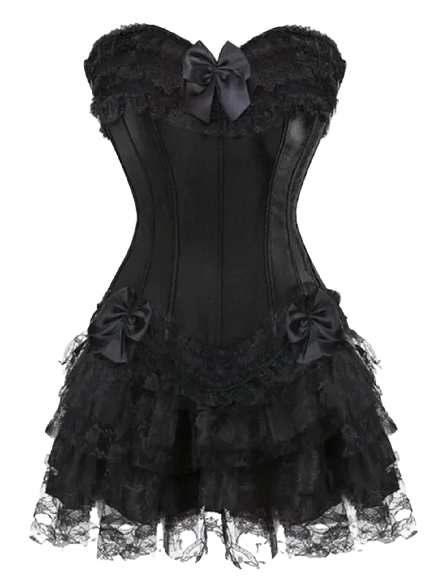 LuckeLadybug LLC plus size gothic corset dress with lace details and satin bows