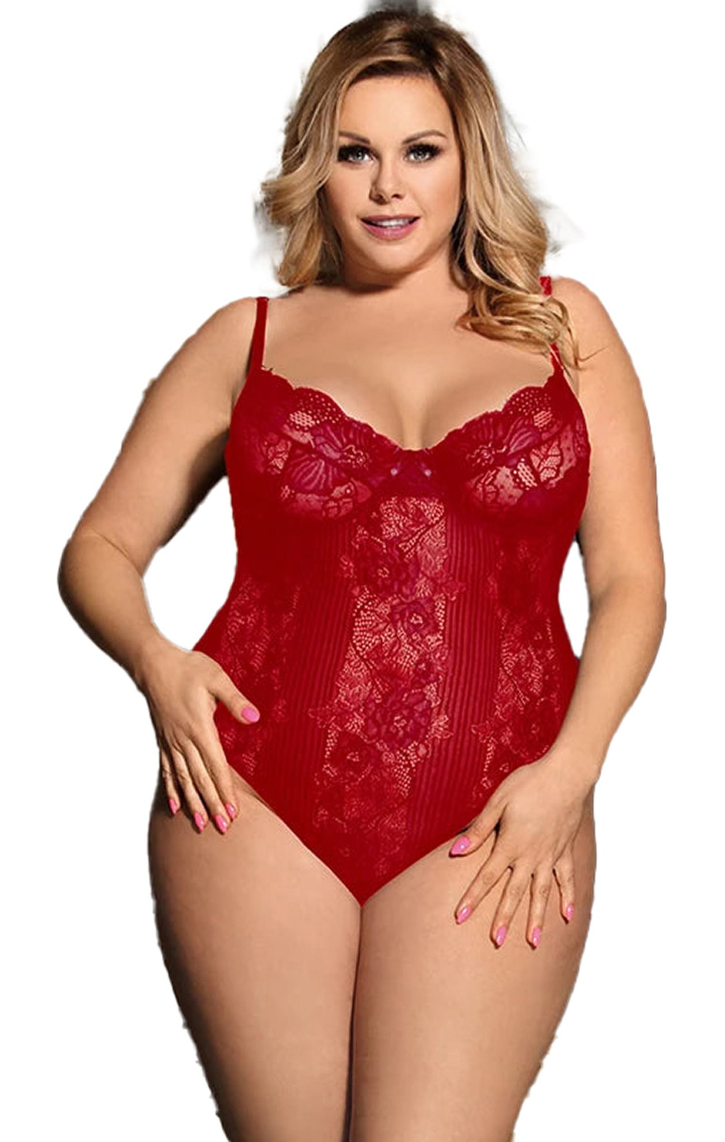 Plus size lace bodysuit in red with adjustable straps and floral lace detailing from LuckeLadybug LLC