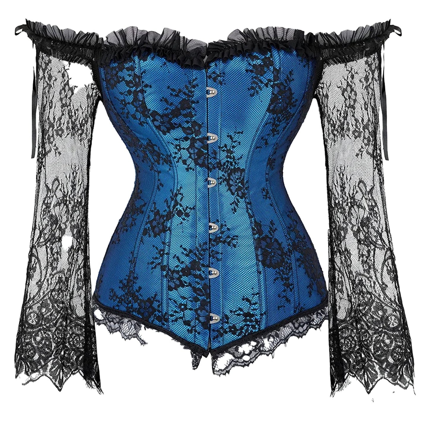 Blue plus size lace up corset top with lace sleeves and ruffle details for a stylish look