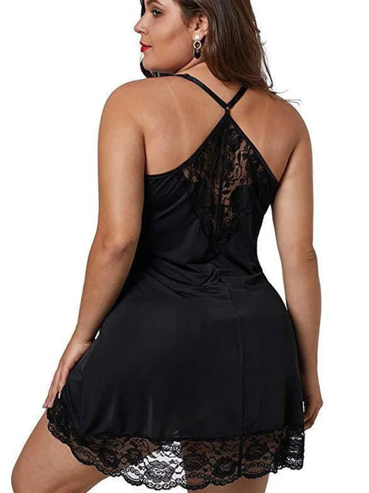 Plus size satin nightgown from LuckeLadybug LLC featuring elegant lace detailing and a comfortable fit
