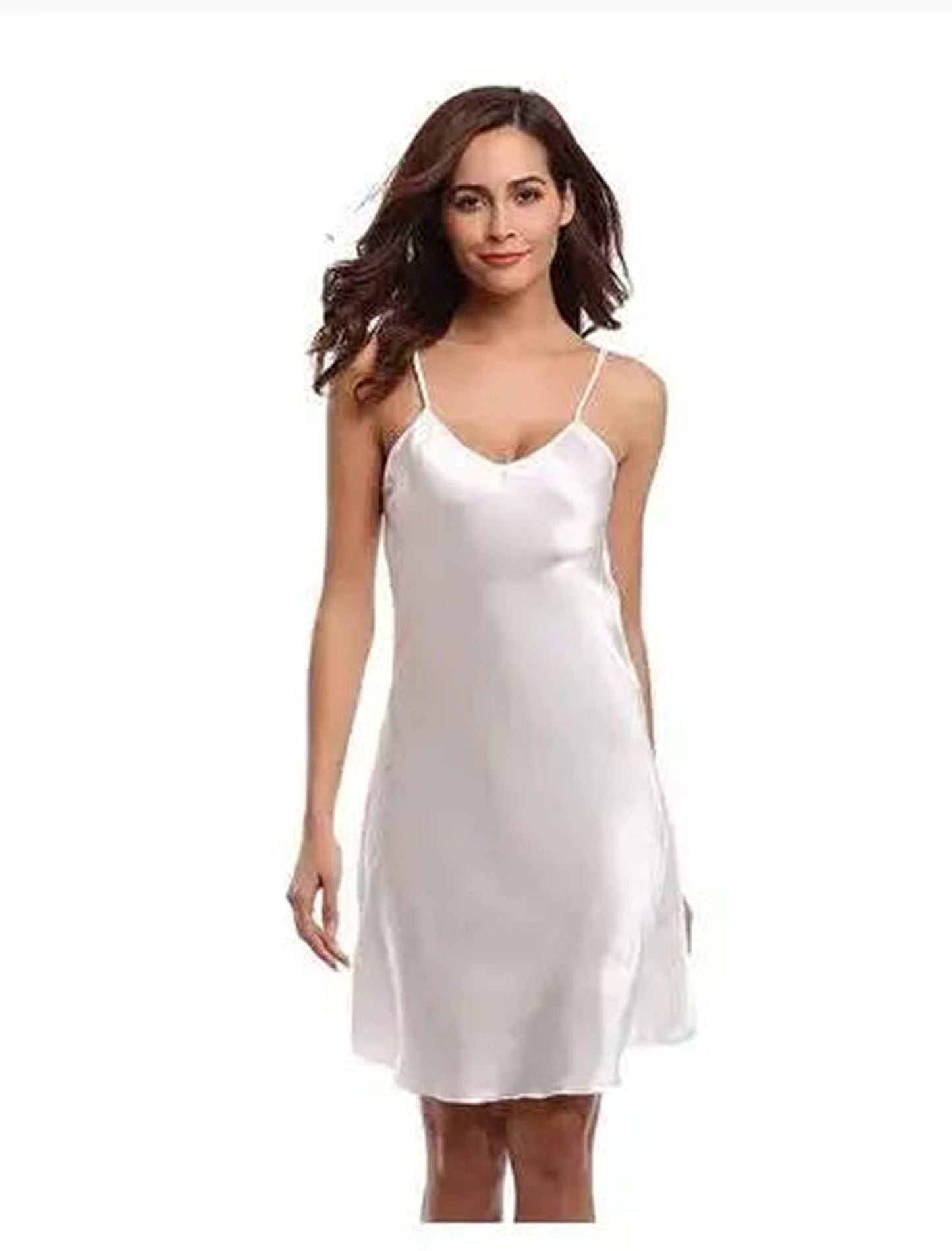 LuckeLadybug plus size satin nightgown in soft white with adjustable spaghetti straps for comfort