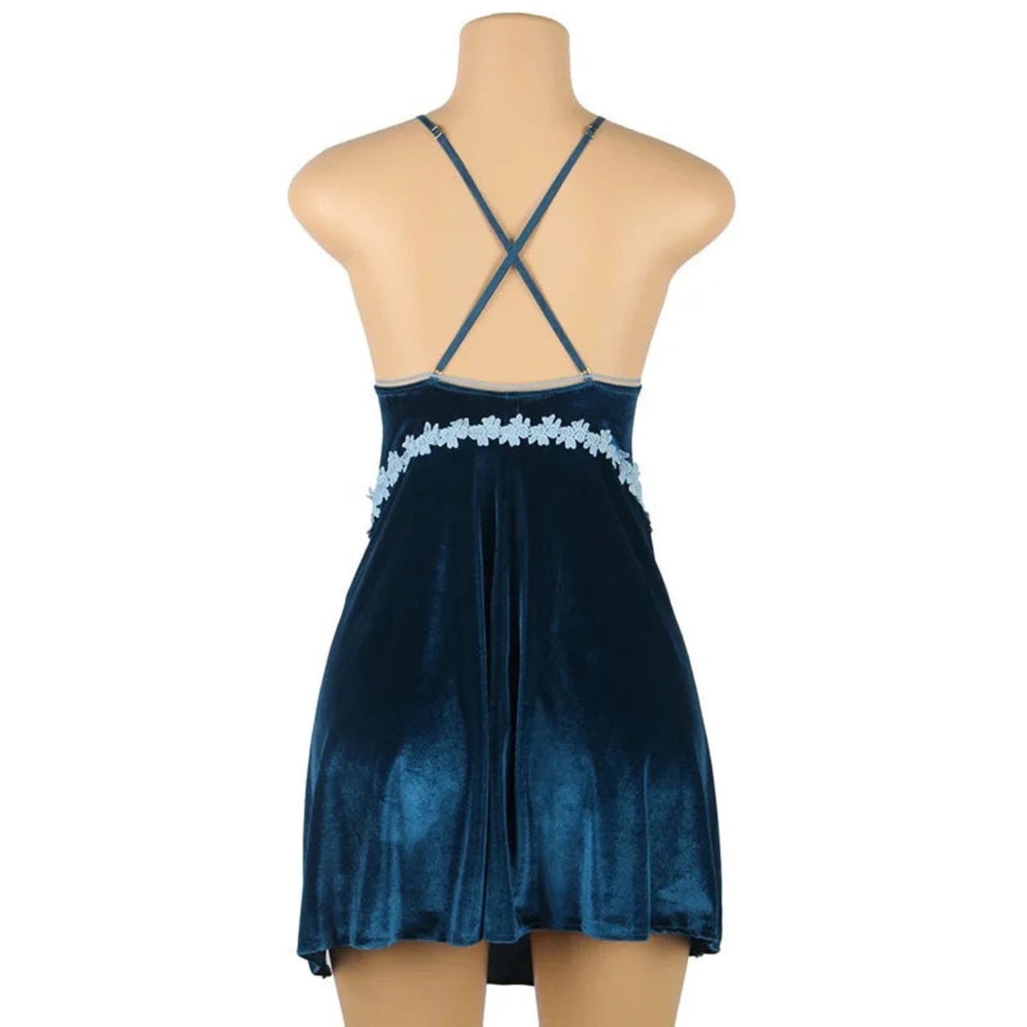 Back view of plus size velvet lingerie babydoll with delicate floral accents and adjustable straps