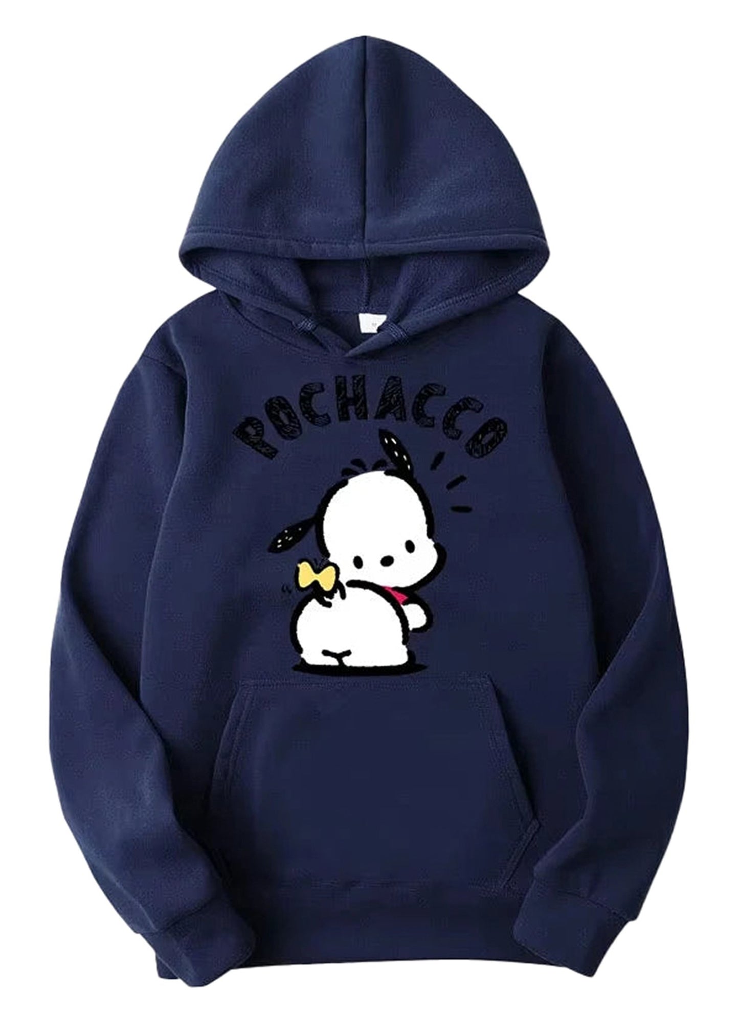 Navy Pochacco hoodie for adults featuring a cute design of Pochacco with a bow