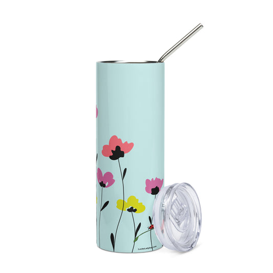 LuckeLadybug stainless steel pretty floral tumbler with straw and removable lid in pastel colors