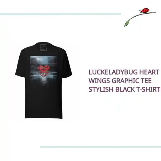 LuckeLadybug Heart Wings Graphic Tee Stylish Black T-Shirt by@Outfy