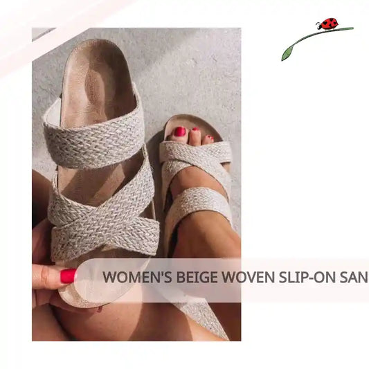 Women's Beige Woven Slip-On Sandals for Women by@Outfy