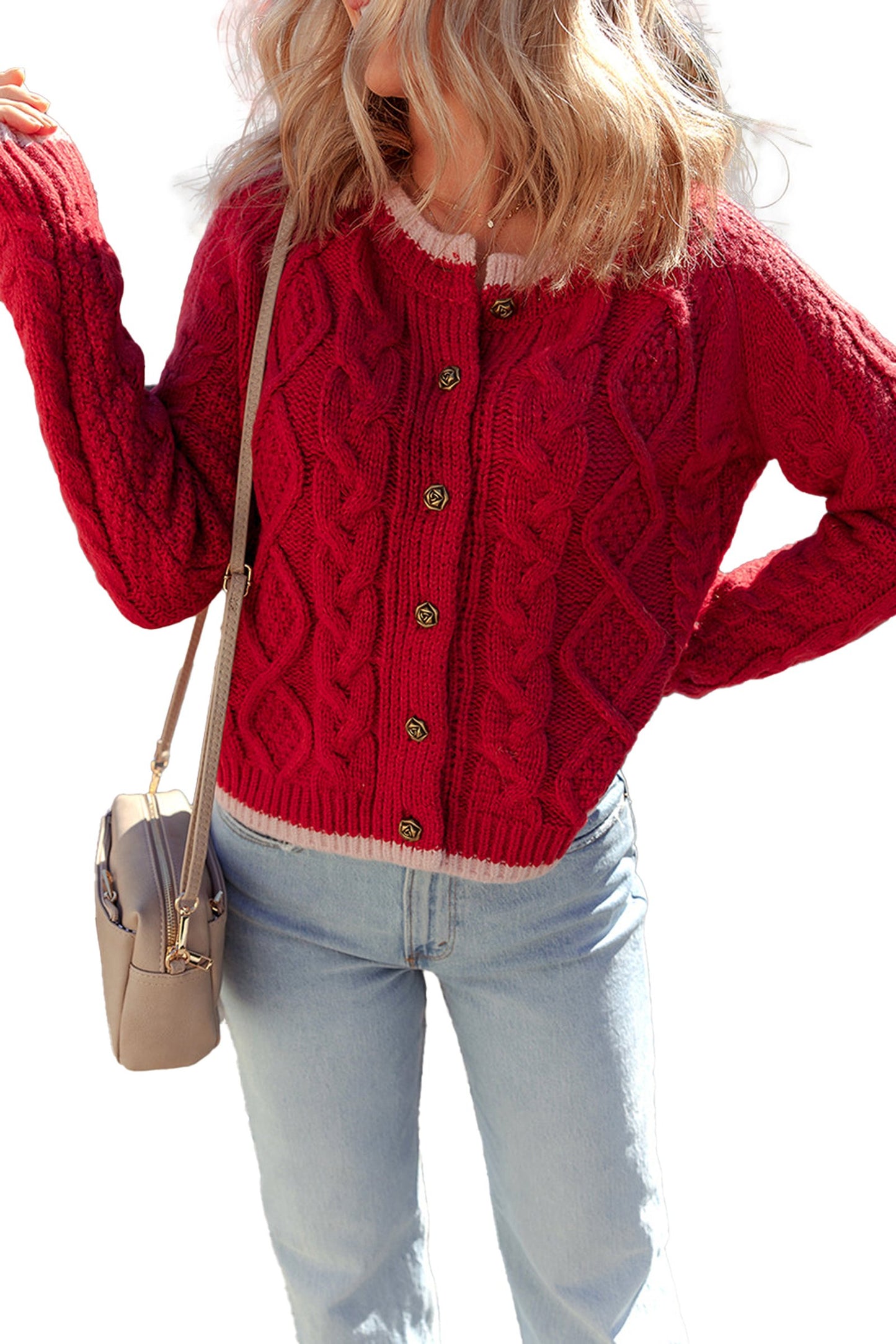 LuckeLadybug racing red cable knit cardigan with button closure and cozy design for stylish layering