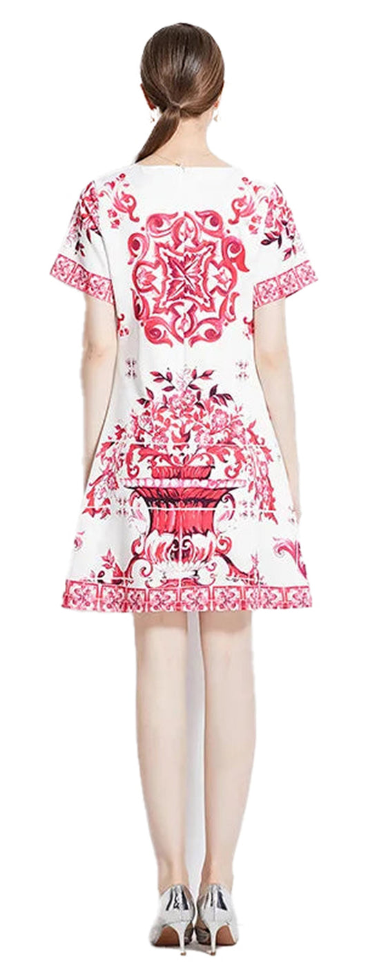 Back view of a red and white porcelain mini dress featuring floral and vase patterns