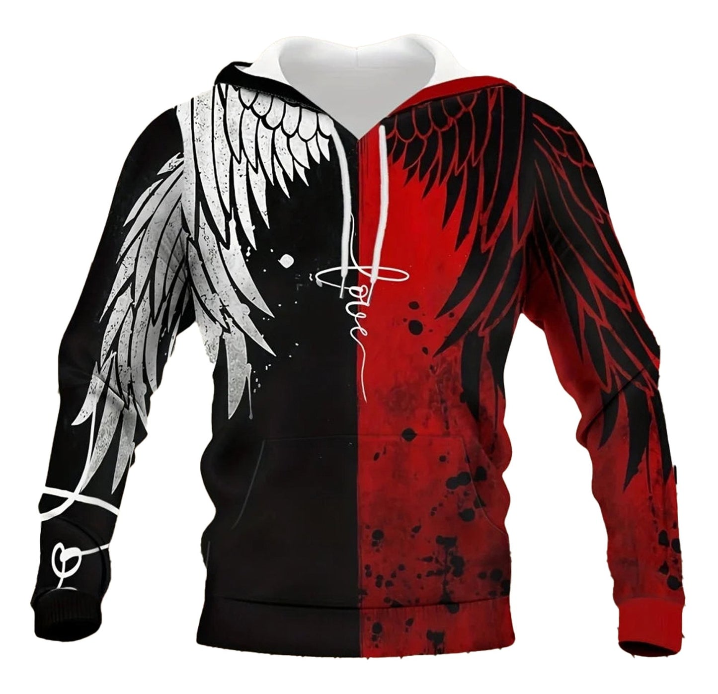 Red black skull angel hoodie men featuring striking wing graphics and a unique split design