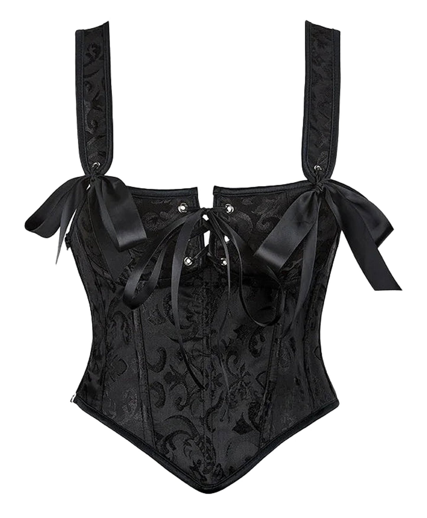 Black corset shirt with elegant design and bow details, perfect for pairing with various outfits