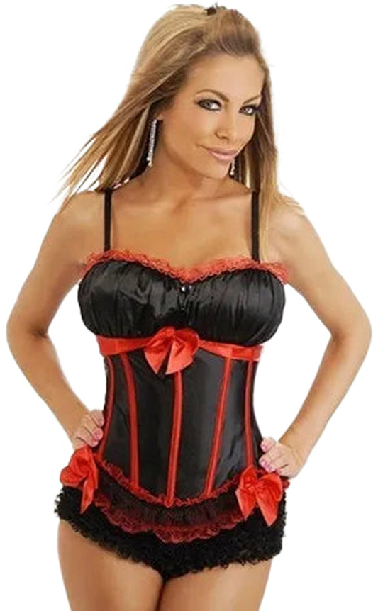 Red black striped overbust corset shirt with decorative bows and lace trim for a stylish look