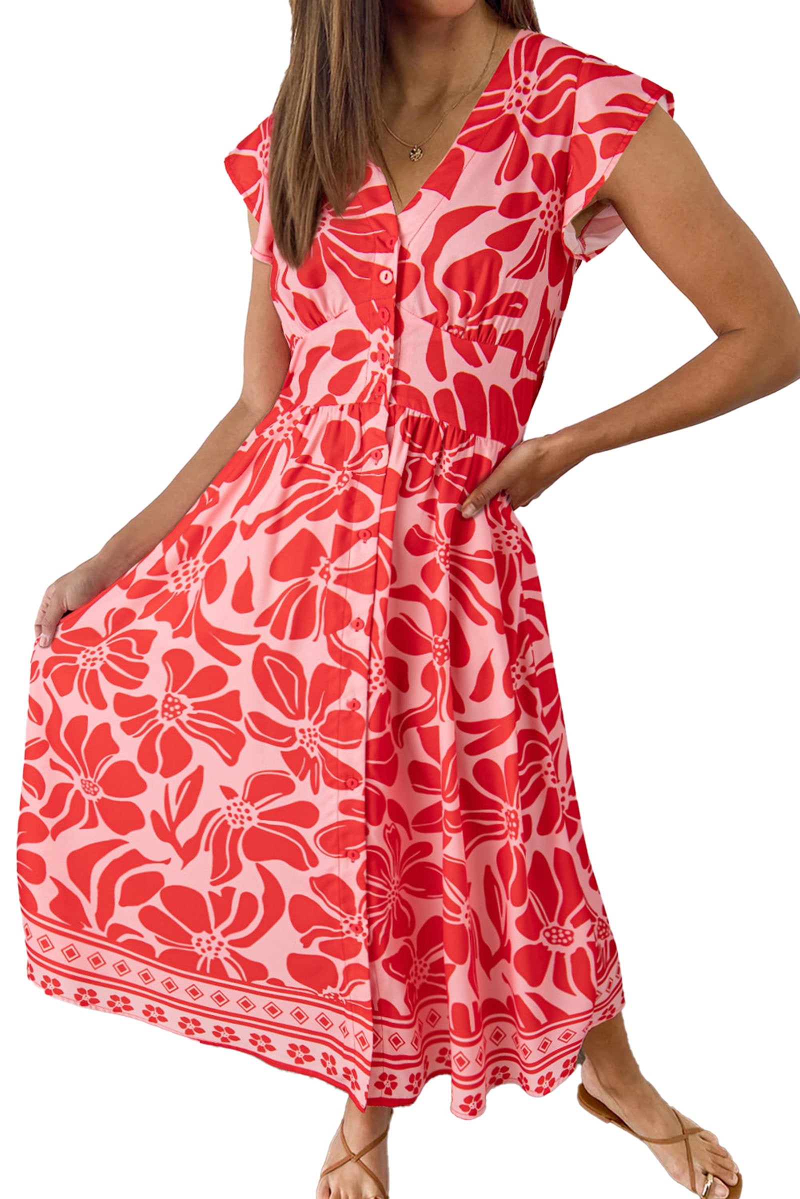 Red Boho Floral Maxi Dress with Buttoned Shirred Waist