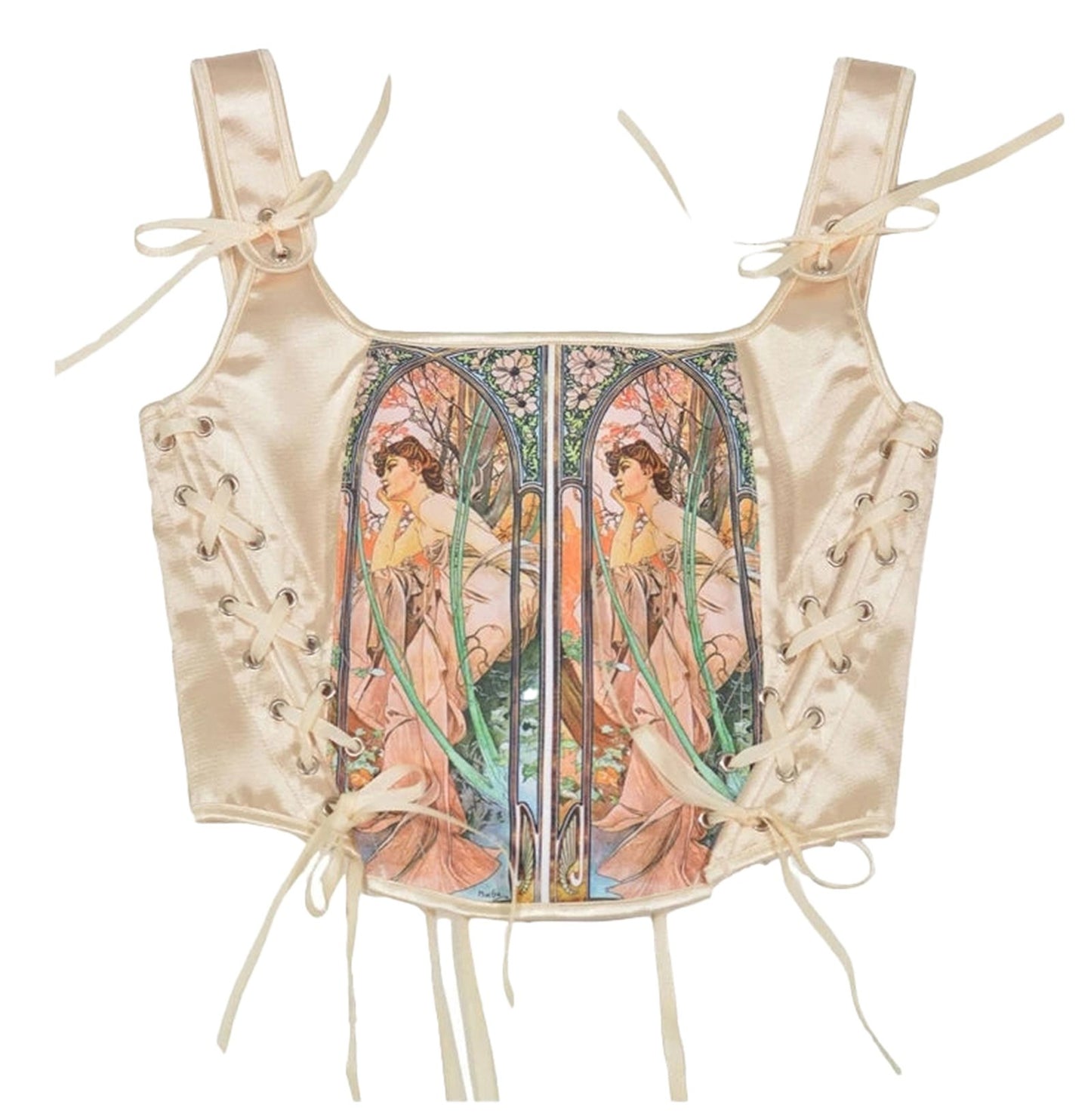 LuckeLadybug LLC Renaissance corset top for women in satin with artistic floral design and lacing detail