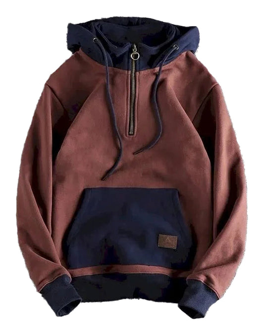 Retro color block hoodie men in burgundy and navy with a zippered neck and front pocket