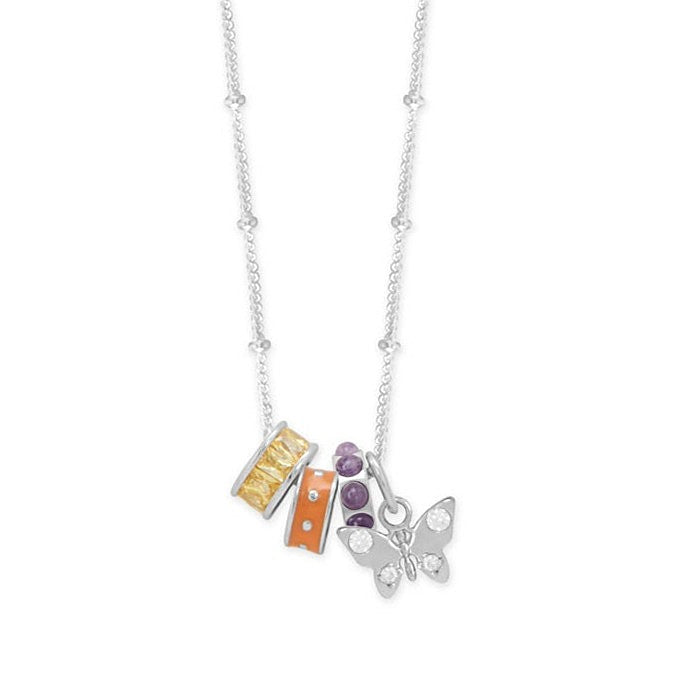 Rhodium plated butterfly necklace with colorful charms and shine for a trendy look