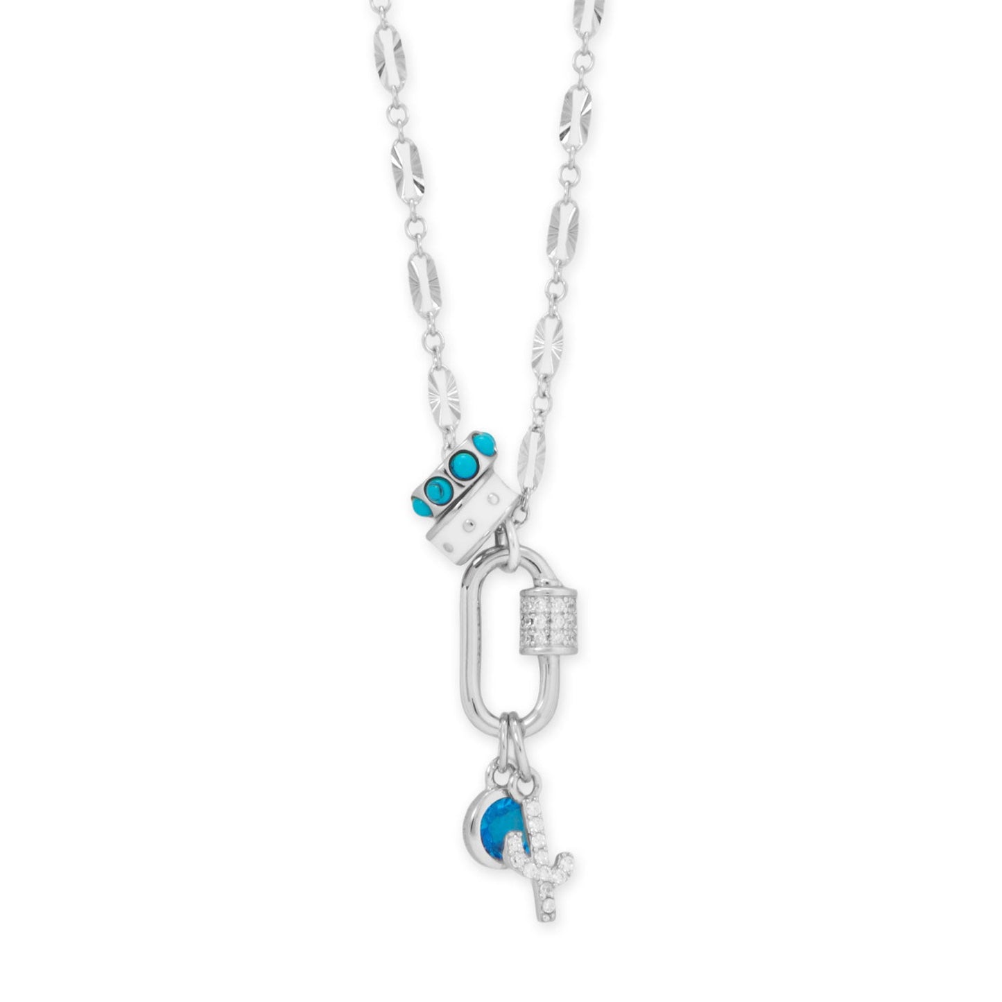 Rhodium plated cactus charm necklace with turquoise accent and sparkling details for a stylish look