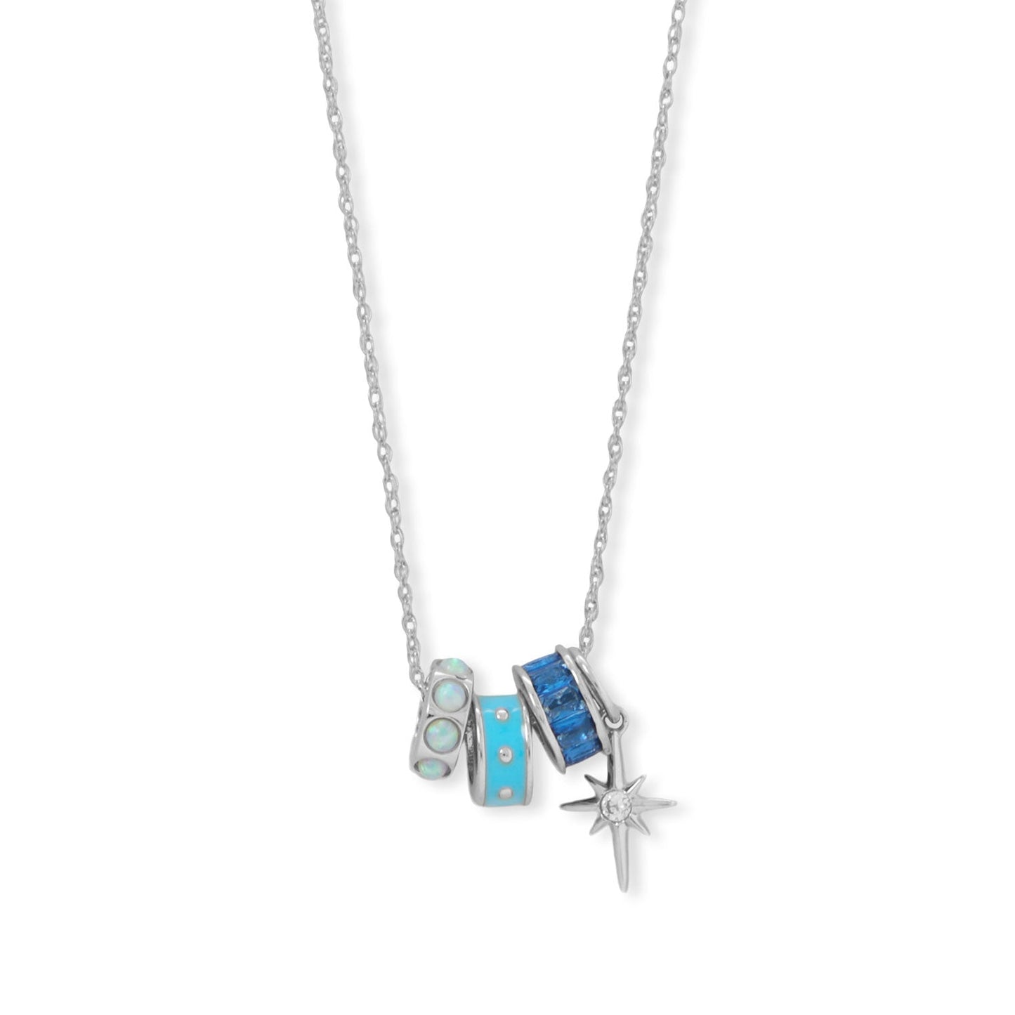 Rhodium plated charm necklace featuring vibrant turquoise accents and sparkling star charm