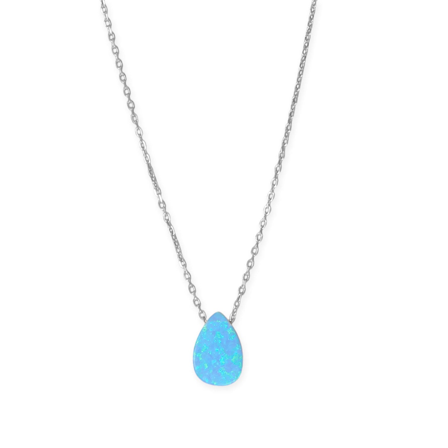 Rhodium plated opal pear necklace featuring a stunning blue opal teardrop pendant