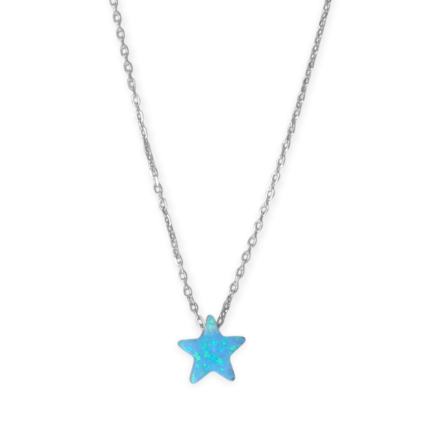 Rhodium plated opal star necklace with a shimmering blue star charm on a delicate chain