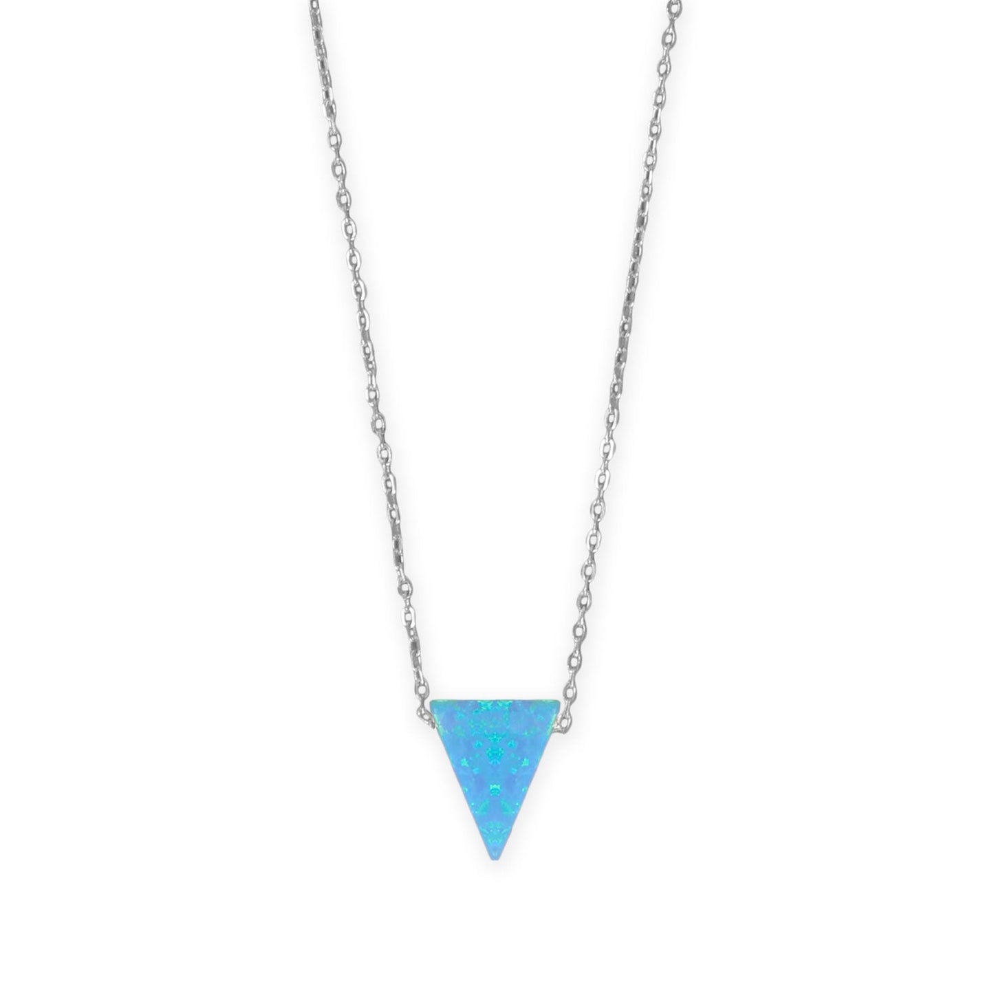 Rhodium plated opal triangle necklace with a sleek chain and vibrant blue opal pendant