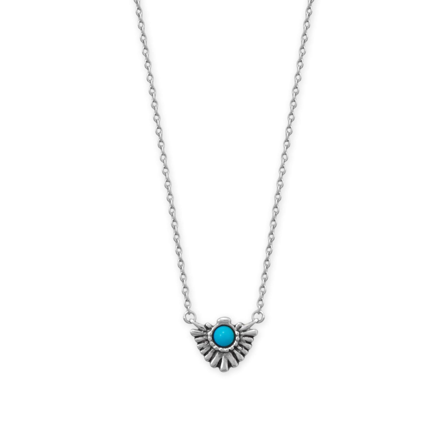 Rhodium plated turquoise fan necklace featuring a delicate design with a vibrant turquoise centerpiece