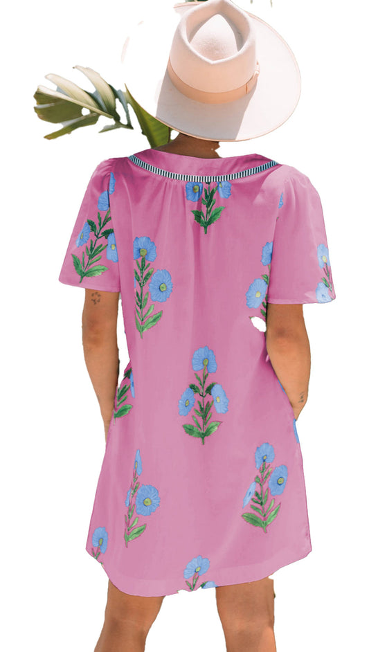 LuckeLadybug rose floral mini dress in pink with blue floral designs, perfect for summer outings