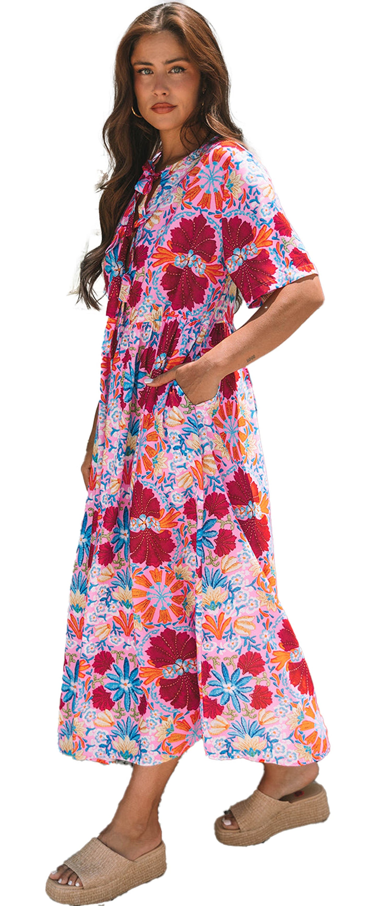 LuckeLadybug rose floral tied front dress in vibrant colors with pockets and loose-fit design