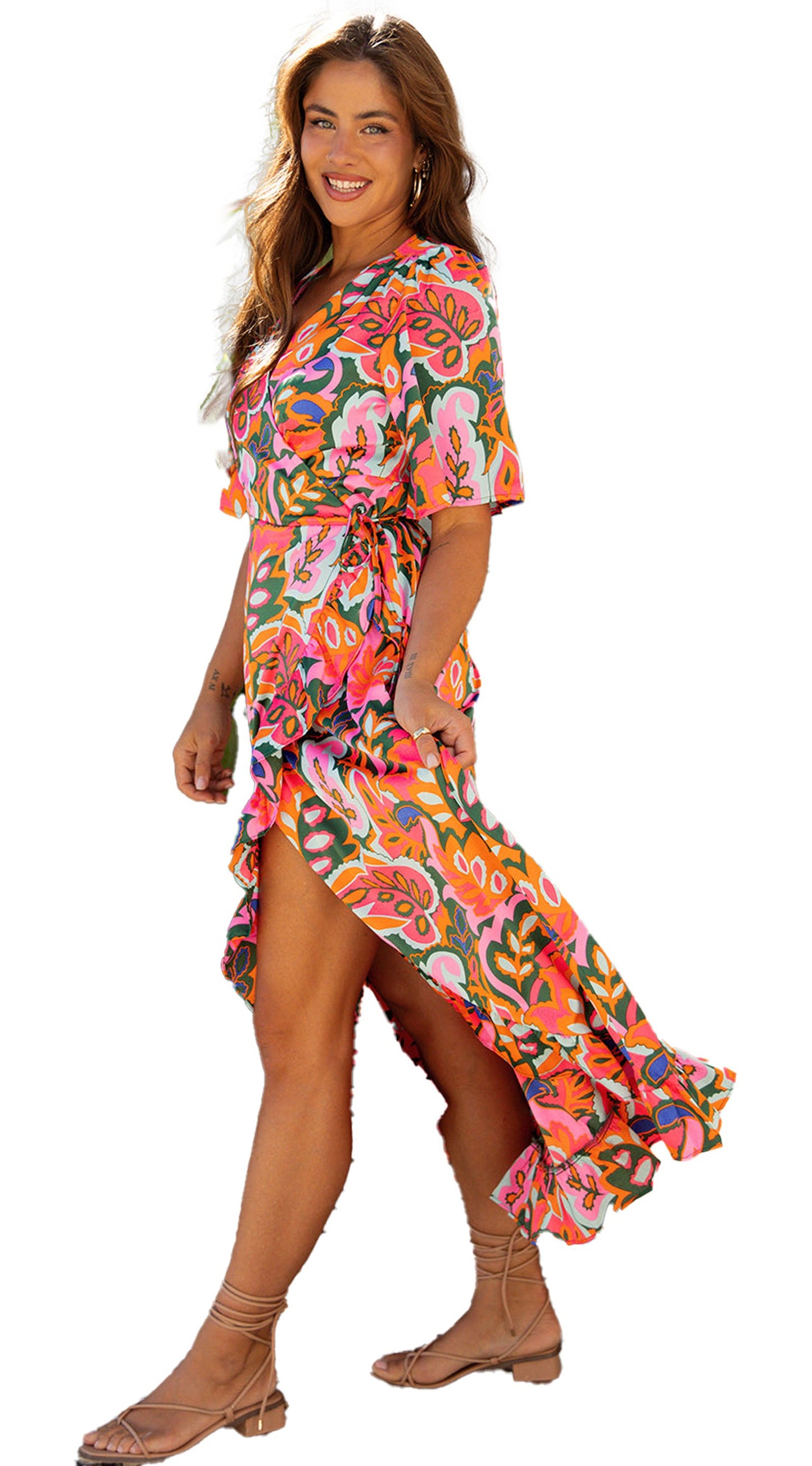 LuckeLadybug rose print maxi dress with a vibrant floral design and a stylish high-low hem