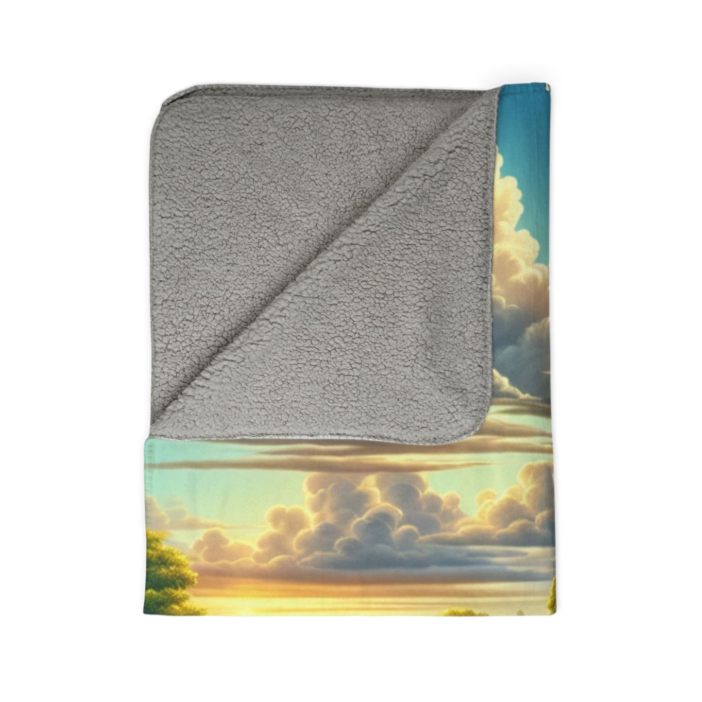 LuckeLadybug sherpa blanket with scenic sunset design and soft gray fleece back rustic home decor throw