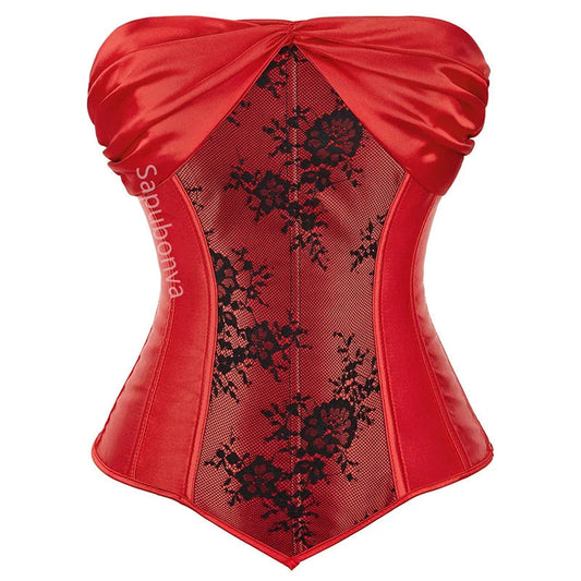 Red satin plus size corset top for women with lace floral design and elegant sweetheart neckline