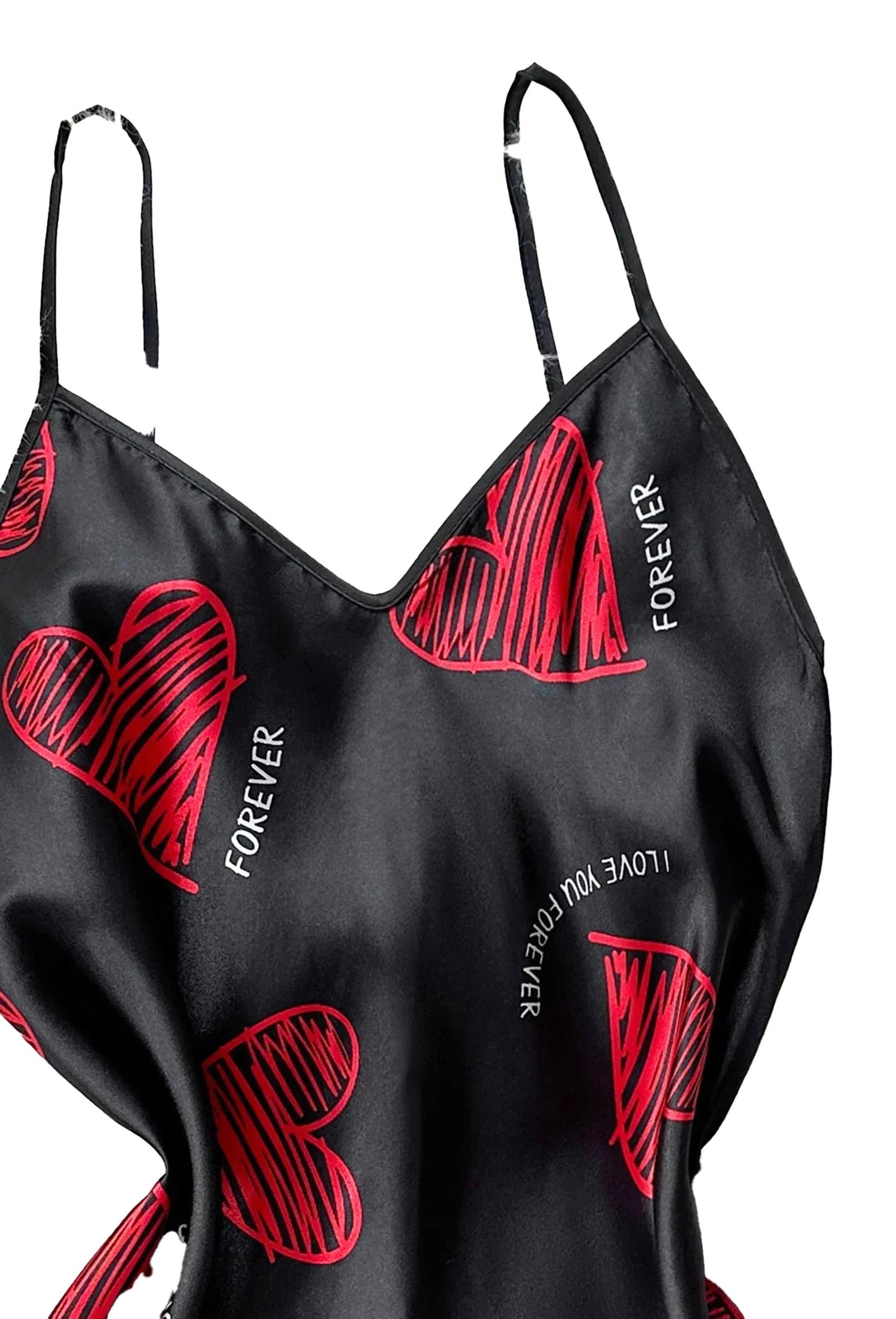 LuckeLadybug LLC Satin Slip Nightdress for Women with Red Heart Print and Adjustable Straps