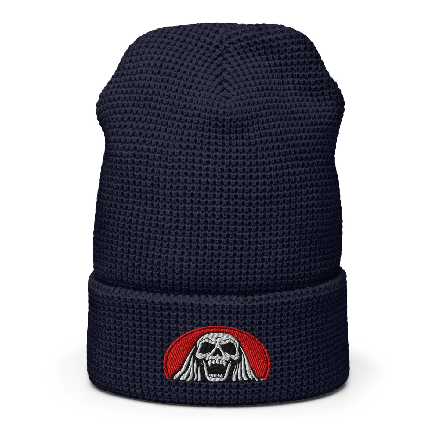 LuckeLadybug Scream Queen black knit hat with skull patch on black waffle beanie