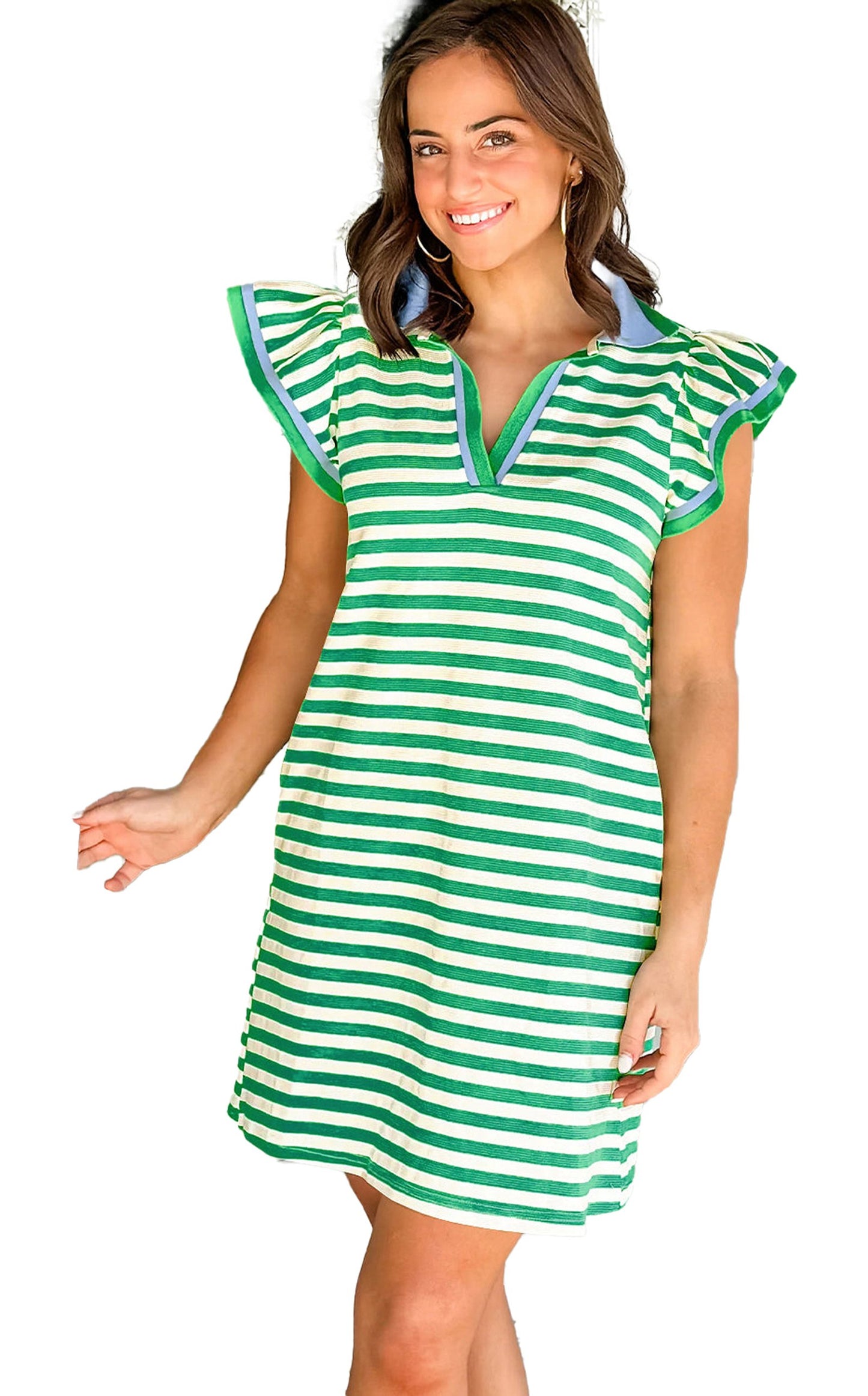 LuckeLadybug green stripe flutter sleeve dress worn by smiling model v neck green and white striped mini