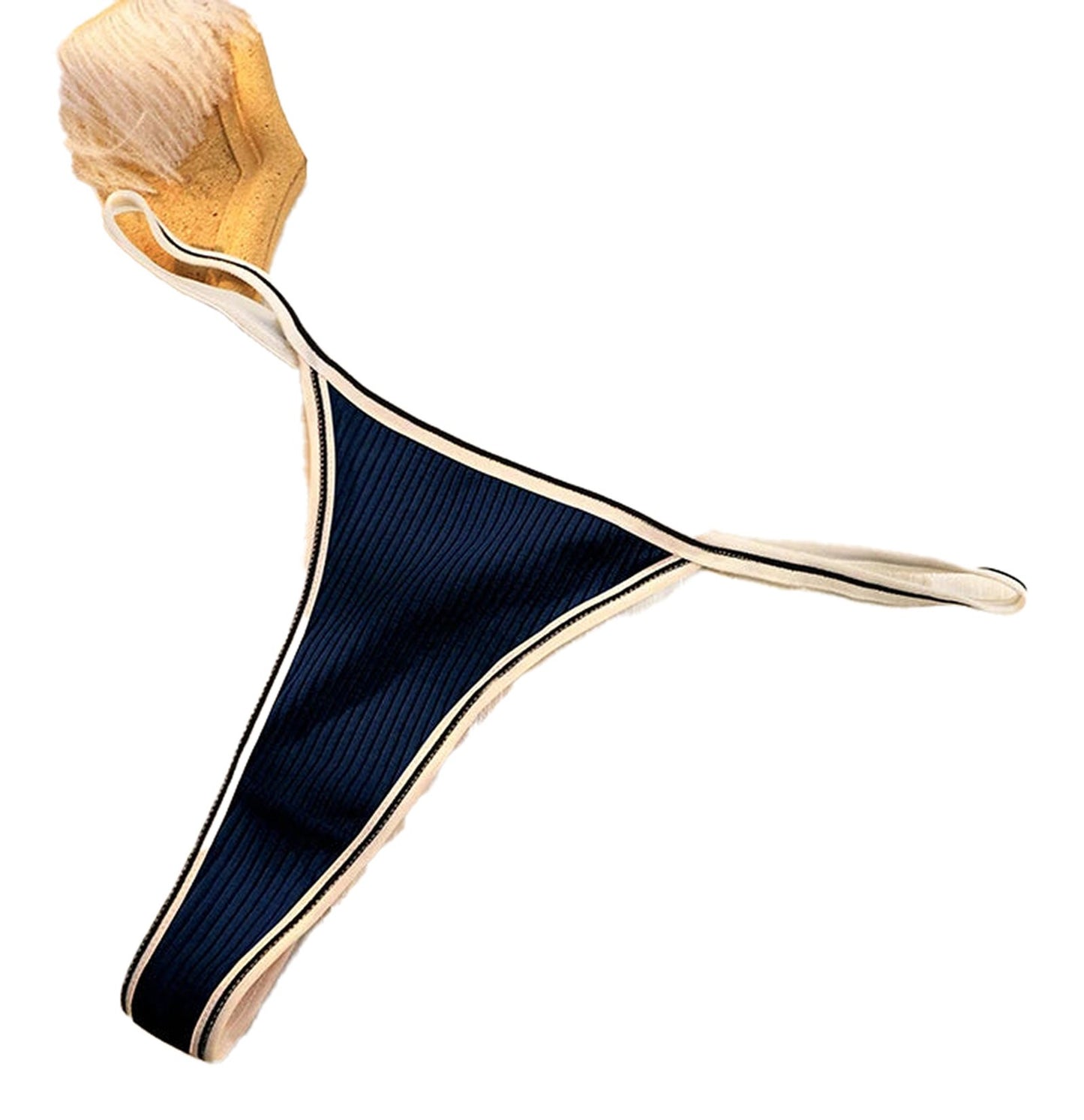 Navy seamless thong for women with a ribbed design and contrasting trim for a smooth fit