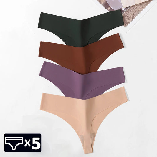 Set of five seamless thongs for women in various colors, ideal for comfortable everyday wear
