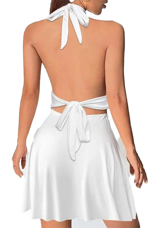 White sexy backless mini dress with a halter neck and tied waist for a stylish summer look