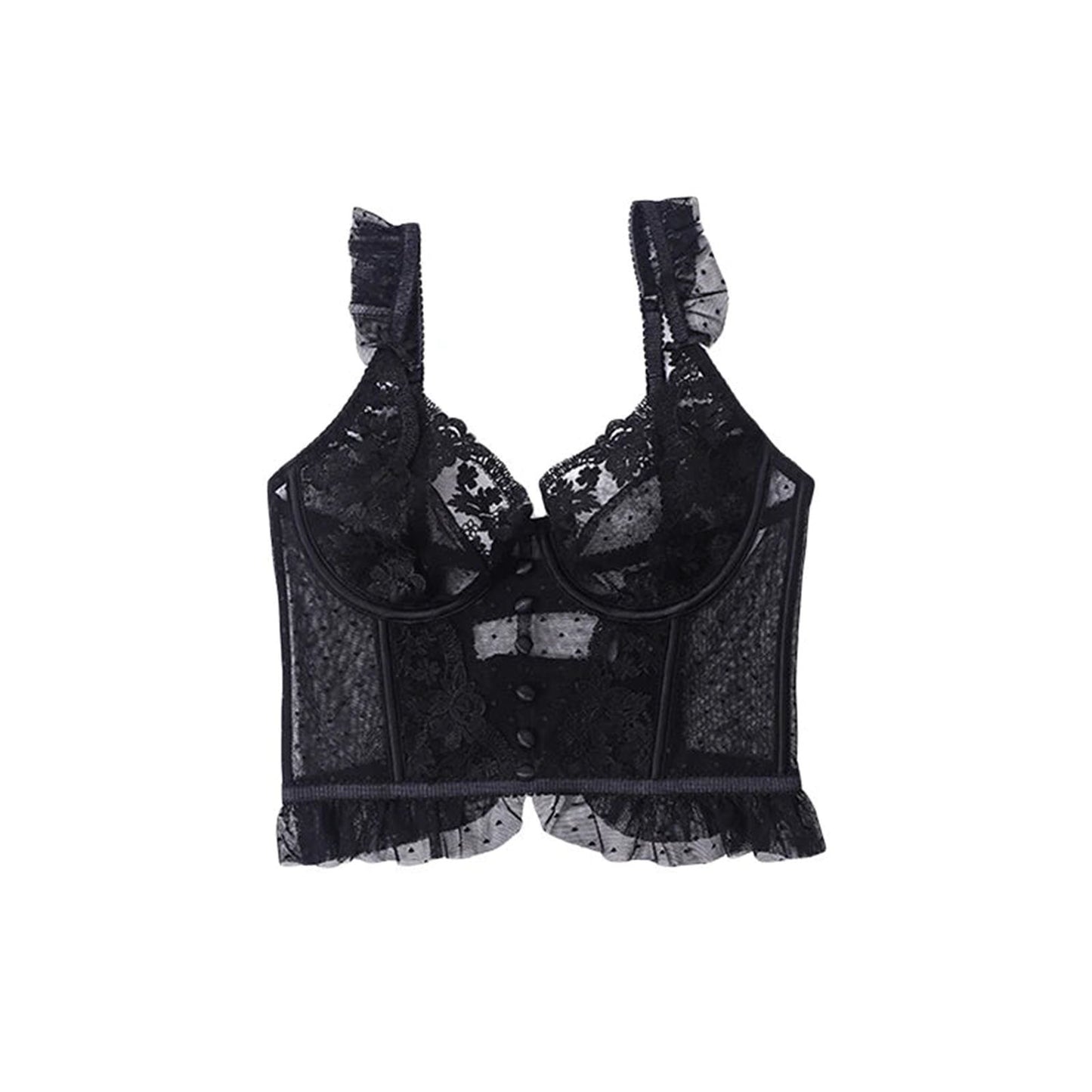 Elegant black lace sexy bustier corset top for women with ruffle detail and adjustable straps