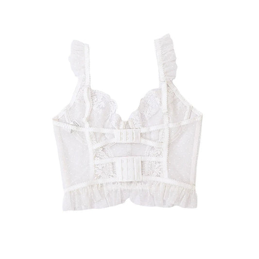 White Polka Dot Sexy Bustier Corset Top for Women with Ruffled Detailing and Lace Trim