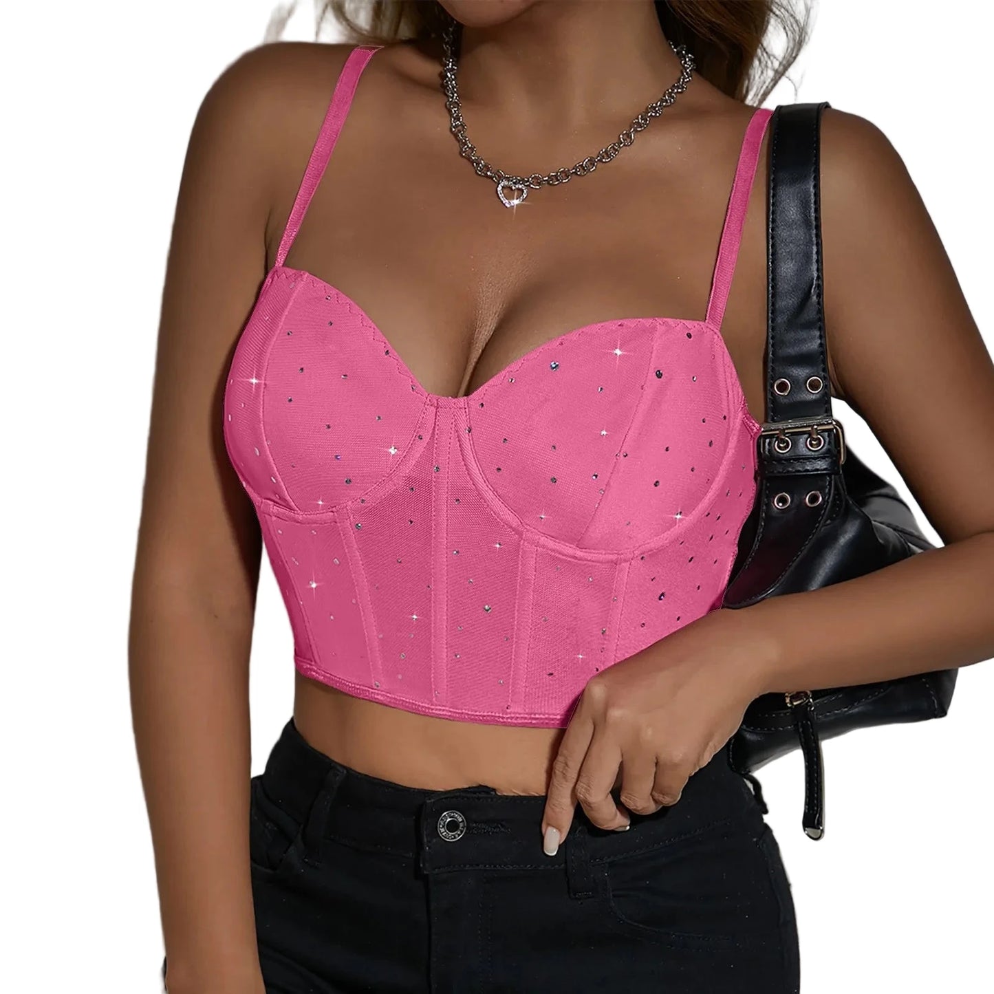 LuckeLadybug LLC Pink Sexy Corset Top for Women with Sparkling Details and Adjustable Straps