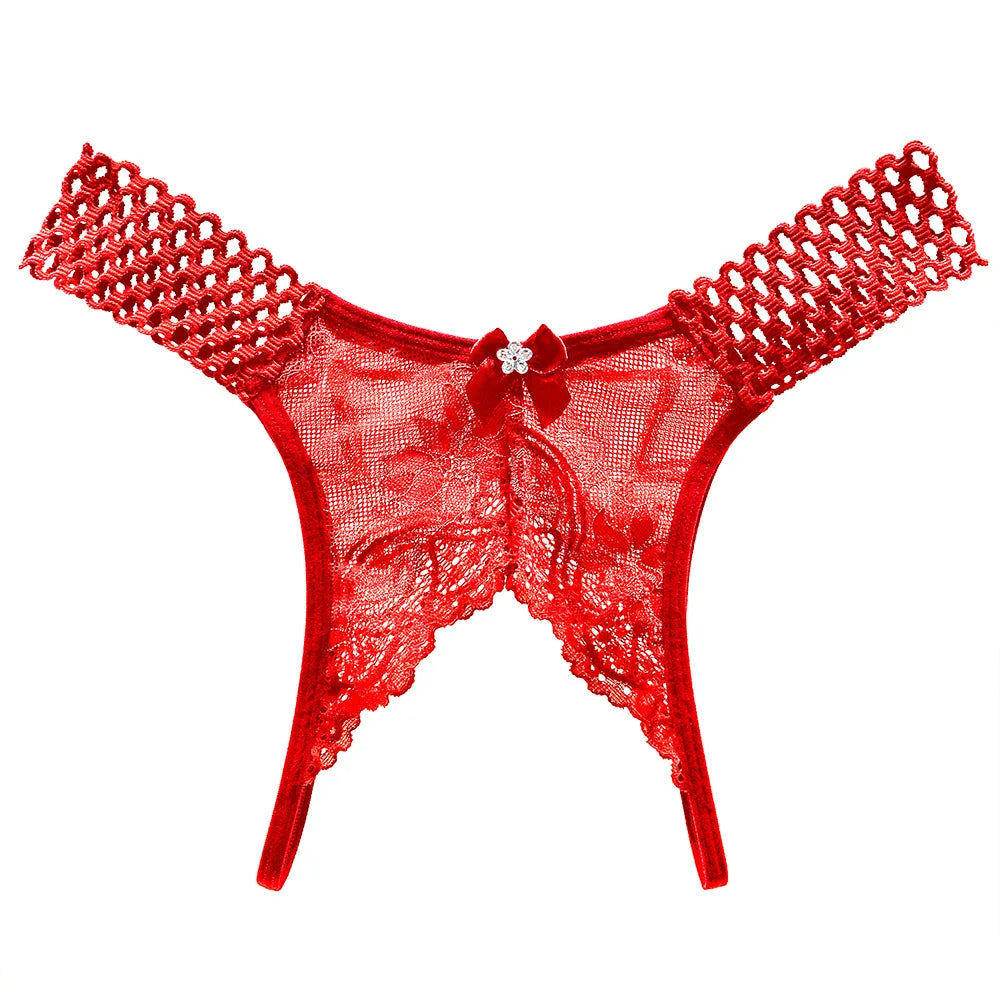 Red sexy crotchless thongs for women with lace and bow detailing for a seductive look