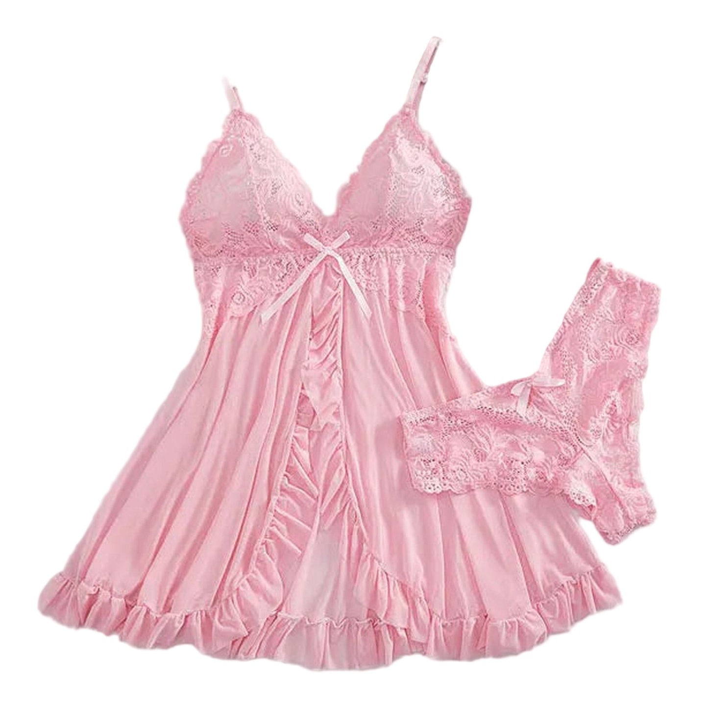 Pink sexy lace lingerie dress for women with ruffled edges and matching panties