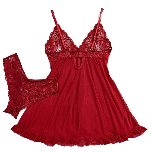 Red sexy lace lingerie dress for women with matching lace panties on a plush white background