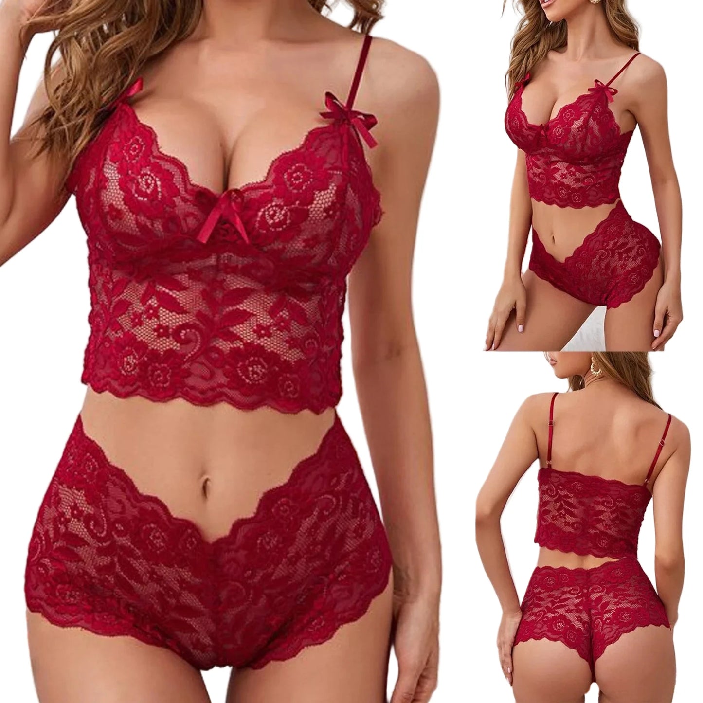 LuckeLadybug sexy lace lingerie set in red with a cropped top and matching panties for a romantic look